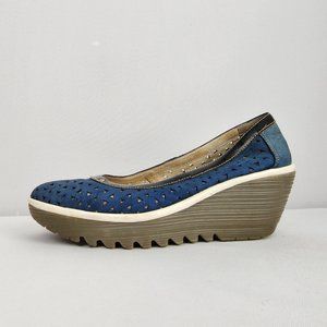 Fly London Blue Perforated Wedge Pumps